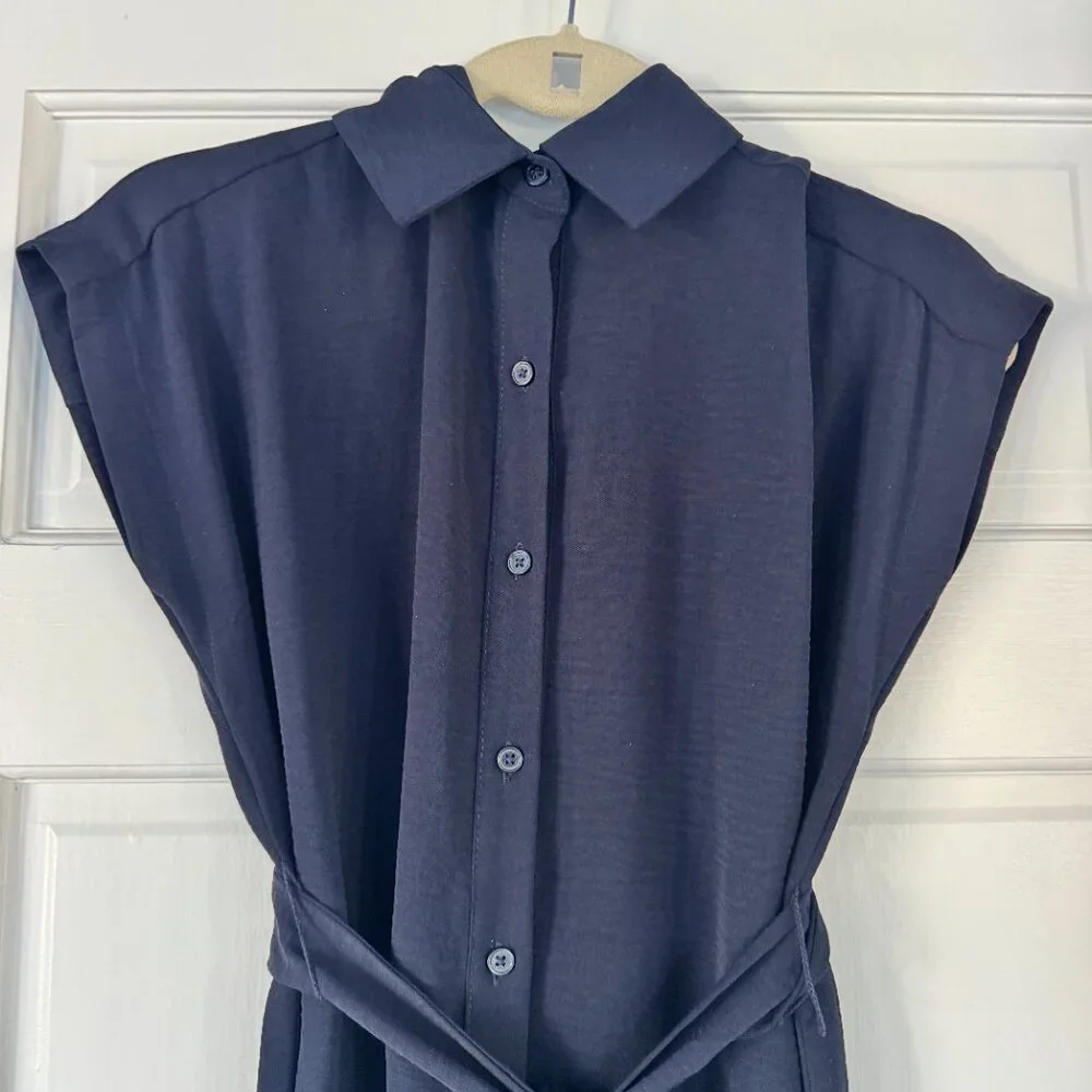 DKNY Navy Midi Shirt Dress Size 2 Belted Button Front Sleeveless Minimalist - Picture 5 of 10